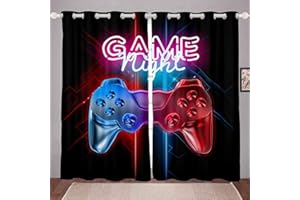 SYNYEY Tbrand Boys Games Curtains Gamer Window Drapes for Teens Kids Men Black Modern Video Game Controller Window Treatments Cool Blue Red Action Buttons Window Curtain Room Decor W66*L72