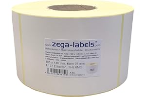 ZEGA-LABELS Thermo Etiketten auf Rolle - 105 x 148 mm - 1.127 Stück je Rolle - Kern: 76 mm - aussen gewickelt - permanent haftend - mit Perforation - Druckverfahren: Thermodirekt (Drucken ohne Farbband)
