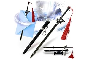 SWORDS AND MORE Sword Art Online Kiritos Elucidator Sword, Letter Opener with Sheath and Stand, High Quality Stainless Steel, Gift for SAO Fans, Anime & Collectors, Black