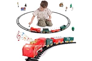 FULLUKY Train de Noel pour Enfants, Circuit Train Jouet Electrique avec Lumière, Son, Moteur de Locomotive, Wagons de Fret et Voies, Petit Train Sapin de Noel pour Garçons et Filles de 3 Ans et Plus