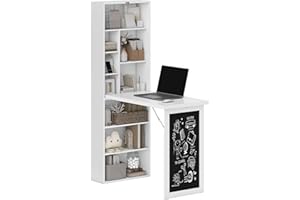 HOMCOM Wall Mounted Computer Desk, Folding Study Table with Black Board and Bookshelf, Multifunctional Floating Writing Desk for Home Office, White