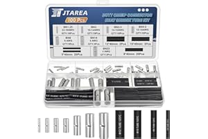JTAREA 100 Stücke 7 Typen Stoßverbinder Unisoliert Set mit Schrumpfschlauch Nicht Isolierte Butt Connectors Kabelverbinder Quetschverbinder 0,5-25 mm² Kabel Crimp Verbindung Kit für Automobile Boote