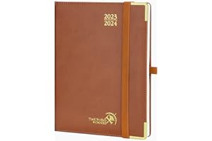 POPRUN Premium Agenda 2023 2024 Semainier 22x16,5cm - 17 Mois Agenda Scolaire D'août 2023 à déc 2024 - Couverture Rigide en Cuir PU, Onglets Mensuels, Papier Certifié FSC® 100 g/m², Marron
