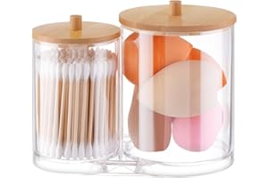 WACAR Soporte de bolas de algodón acrílico - Tarros de boticario 2 en 1 con tapas, almohadilla de algodón, bastoncillos de algodón, dispensador de soporte Qtip para hisopos de algodón (B8Z4KEF122)