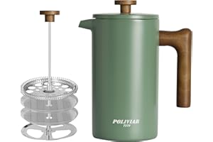 ‎POLIVIAR 7379 Poliviar French Press Kaffeebereiter 1 Liter/8 Tassen, Doppelwandige Isolierte Kaffeekanne und Teebereiter, Handfilter Kaffeepresse mit Plunger & Griff aus Holz, Flatland (Grün) JX2020-FPN-DE