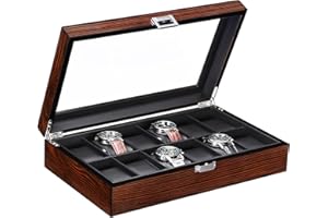 BEWISHOME Pudełko na zegarki z 12 przegródkami, pudełko na zegarki męskie, pudełko na zegarki ze szklaną pokrywką, zamykane etui na zegarki, drewno, ultra miękka skóra syntetyczna, metalowe zawiasy,
