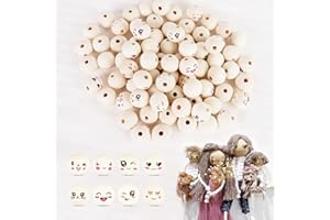 HEDMON 80 Stück Holzperlen mit Gesicht 20mm Holzkugeln mit Gesicht 8 Stile Natürlich Perlen mit Gesicht Holzkugel mit Gesicht für DIY Bastelarbeiten Schmuck Herstellung(Mit 3 Baumwollfaden)