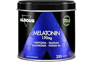 ALDOUS BIO Melatonine 1,9 mg - 250 Gélules - 250 Nuits - 5HTP, Magnésium, Valériane, Vitamine B6 - Endormissement, Sommeil, Mieux Dormir - Insomnie - Sans édulcorants ni OGM, sans plastique - ALDOUS