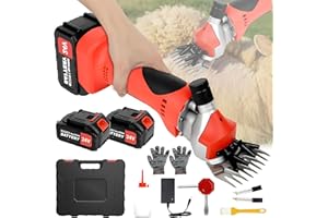WUDLEP Cordless Electric Professional Sheep Shears, 500W Motor, 2800 RPM, 9-Tooth Blade Sheep Clippers with 2 PCS Rechargeable Lithium Battery, Red Heavy Duty Animal Grooming Clippers for Sheep Goats