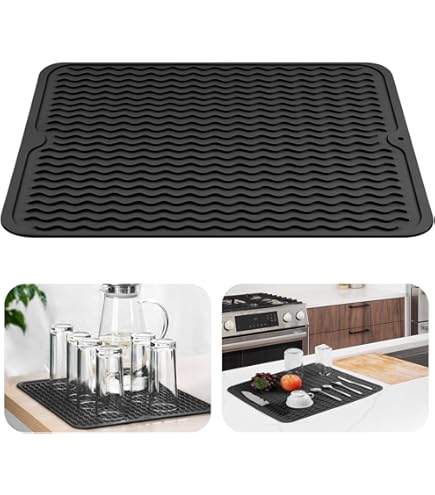 TZF-50 X 40 Cm Grand Tapis Vaisselle Silicone Tapis De Sechage Vaisselle Pliable Antiderapant Vaisselle Absorbant A Structure Rainuree Tapis Egouttoir A Vaisselle En Silicone Pour Cuisine Bar Noir