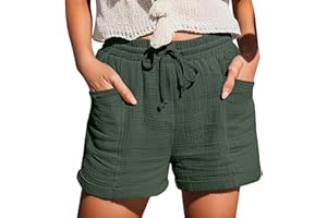 Nuoke Muslin Shorts Women's 2025 Summer Linen Shorts Beach Trousers with Pockets Summer Trousers Lightweight Fabric Trousers Dress Stretch Straight Leg Drawstring Linen Trousers Blouse