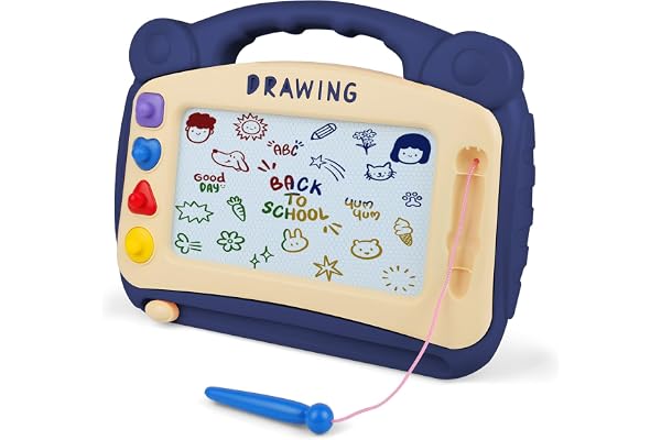 OFFCUP Ardoise Magique Enfant, Jouet Bebe 1-5 Ans Planche à Dessin Magnétique à 4 Couleurs avec Stylo et 4 Tampons, Tableau Magnétique Effaçable Jouet Éducatif pour Filles Garçons, Grand Bleu