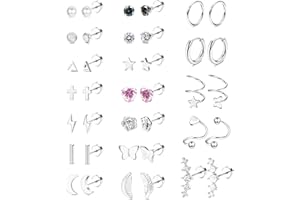 JeweBella 25-38 Piezas Pequeños Pendientes Mujer Acero Quirurgico Hipoalergénicos Pendientes Cartílago Helix Pendientes de Aro Pendientes CZ Luna Estrella Piercing Planos para Mujeres Hombres