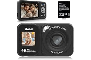 Rollei Compactline 64 Dual Screen Digitalkamera, 64MP 4K Fotoapparat mit Dual Display Kompaktes Fotokamera mit 18X Digitalem Zoom für Kinder Anfänger Schwarz, Digital-Kamera-Kompaktkamera-Fotoapparat