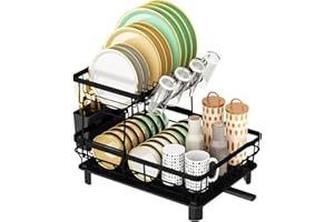 SAMISO Scolapiatti da Appoggio,Scolapiatti 2 Ripiani,Scolapiatti da Lavello in Acciaio Inox,Scolapiatti nero,con supporto per utensili e vaschetta raccogligoccia,per Piatto,Tazza,utensili varie