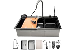 KOOGIMDDR Fregadero de cocina de 1 seno negro de acero inoxidable, 80 × 45 cm fregadero cascada cocina multifuncional, 13 piezas juego de fregaderos estación de trabajo, fregadero de bar