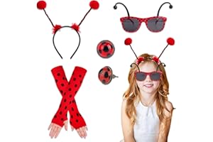 ZALHIN Costume Coccinella - 6 PCS Ladybug Costume Cerchietto per Capelli con Coccinella Occhiali da Sole Guanti Lunghi Neri A Pois Rossi Orecchini, Ladybug Accesories Adulto per Carnevale Costume