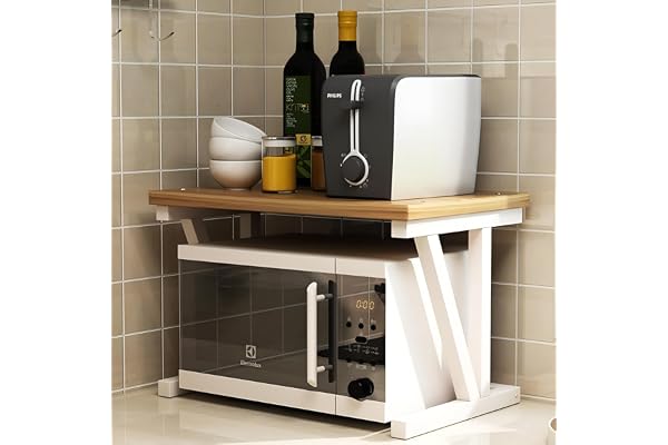 Everline 22800 V Series (2-Layer) Microwave Stand, Kitchen Platform Oven Stand Rack, Toaster Organizer with Storage Shelf Wood and Metal (Oyster Cream With White Frame), Free Standing, Rack Shelf