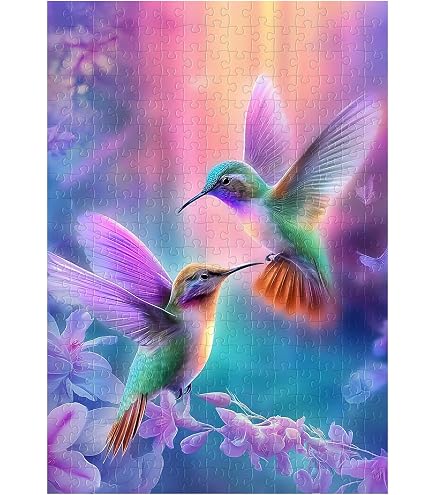 Mocfesk Puzzle In Legno 200 Pezzi - Colibrì E Fiori In Stile Vetrata, Forme Uniche, 20x29 Cm, Per Adulti