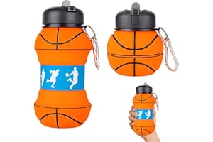 Huybaa Gourde en Silicone Pliable pour Basketball - Bouteille d'Eau Personnalisable pour Enfants 550ml, Portable avec Mousqueton, Sans BPA, Cadeau Sportif