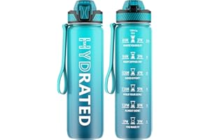 QLUR Gourde, 1L Gourde Sport avec Paille et Graduée, 1 Litre Étanche Bouteille d'Eau avec Brosse, Gourdes Motivation sans BPA pour Fitness, Bureau, l'école, Yoga