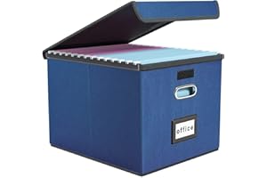 Finew Upgraded Portable File Organiser Box with Lid, Foldable Linen Hanging Filing Storage Boxes with Plastic Slide, Decorative Home/Office Filing System for File and Folders Storage (Royal Blue)