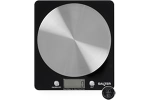 Salter 1036 BKSSDR - Bilancia elettronica a disco, vista in TV, design elegante e sottile, piattaforma in acciaio inox filato, aggiungi e pesa liquidi, capacità max di 5 Kg, Nero/cromato