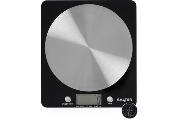 Salter 1036 BKSSDR Numérique Balance de Cuisine - Affichage LCD Facile Lire, Tare Fonction, Plateforme en Acier Inoxydable Taille: 18 x 16x 2.1cm, Max.5kg, Maison Cuisson Sans Conservateur, Noir