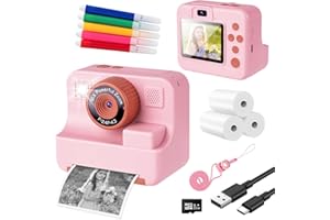 AQUOTA Fotocamera istantanea per bambini, fotocamera digitale per bambini, con carta da stampa e scheda TF da 32 G, fotocamera con penne colorate, regalo per bambini da 3 a 14 anni (rosa)