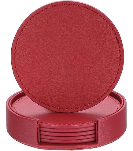 Red Leather Coasters Set Of 6 – Premium PU Leather Drink Holders - View #7