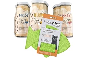 Katzen Smoothie SmoothieCat 12er Mix + Lickimat Casper Grün - je 4X: Huhn, Ente, Fisch - Flüssignahrung für Katzen - Katzensuppe - Zucker- & glutenfrei - Schleckmatte - je 150ml