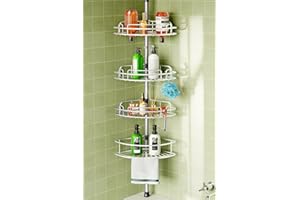 HAMITOR Telescopic Shower Caddy Corner Storage: No-Drill Stainless Steel Bathroom Shelves Organizer, 4-tier Large Capacity Adjustable Shelf with Tension Rod for Home Renters Apartment - Silver Gray