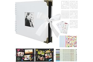 Domkan Album de fotos para pegar y escribir, 80 Negra páginas de Bricolaje DIY Scrapbooking Album fotos Set Plantillas 12 Rotuladores de Colores, para Boda Aniversario Cumpleaños Navidad 29,5 X 21cm