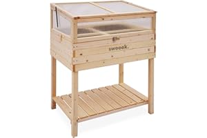 Alice's Garden - Huerto de Madera con Patas e Invernadero de policarbonato Desmontable, Maple, 2 en 1, con repisa y geotextil, 80 x 60 x 109 cm.