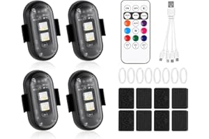 vsshe 4 Pièces Lumières Stroboscopiques pour Drone, 8 Couleurs Lumières Stroboscopiques LED, Strobe Drone Light Étanche sans Fil avec Télécommande,Chargement USB pour Motos Voitures RC Voitures Drones