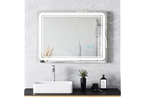 Lvifur Espejo de baño con iluminación, 80 × 60 cm, espejo LED, interruptor táctil, regulable, 3 colores de luz, sin vaho, blanco cálido con iluminación, espejo de pared para dormitorio, hotel,