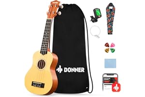 Donner Ukulele Soprano per Principiante Adulto Ukulele Kit da 21 Pollici con Custodia Tracolla Corde Accordatore Plettri Colore Naturale