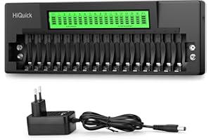 HiQuick Akku Ladegerät, AA AAA 9V Ladegerät für Mignon AA, Micro AAA NI-MH wiederaufladbar Batterien, 18-Ladeplatz mit LED Anzeige und AC-NetzKabel