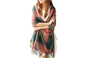 CHALIER FASHION Damski szal zimowy w kratkę, bardzo duży, kwadratowy szal sufitowy, w kratkę, wzór w paski, pled, ponczo oversize, frędzle, różne kolory, rozmiar uniwersalny, 4D-PINK