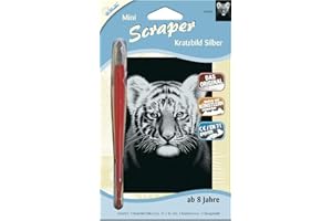 Mammut Spiel & Geschenk 130008 - Kratzbild, Motiv Tigerbaby, silber, glänzend, mini, Komplettset mit Kratzmesser und Übungsblatt, Scraper, Scratch, Kritzel, Kratzset für Kinder ab 8 Jahre