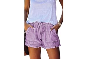 HVEPUO Short d'été, large, pour femmes, en coton et lin, avec ceinture élastique