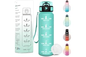 Baramumu Gourde, 1000ML Sans BPA, Gourde Motivation, Avec Horodatage, Bouteille Anti Fuite, Conception de Verrouillage Anti-Fuite, Bouteille plastique pour Yoga, Aptitude - Bleu|