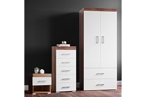 DRP Trading White & Walnut 3 Piece Bedroom Furniture Set, 1 Drawer Chest, 5 TallBoy Drawers Chest, 2 Door Wardrobe, Bedroom Ensemble, Ideal for Bedroom Organisation, Elegant Decor