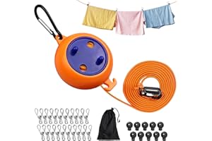 Geepen Lot de 8 m de Corde à Linge de Rétractable avec 10 Boucles Fixes et 20 Pinces Coupe-Vent Corde à Linge Portable Anti-enroulement pour Salle de Bain, Camping, Extérieur, Jardin ou Voyage