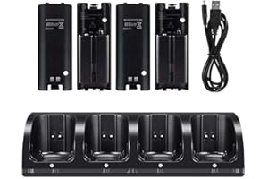 CICMOD Chargeur pour Télécommande Wii Station de Recharge avec 4 Batteries Rechargeables Pack pour Nintendo Wii Manette Télécommande Capacité 2800mAh-Noir
