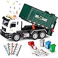kramow Garbage Truck Toys with Sound and Light, Friction-Powered Trash Truck with 4 Trash Bins & Trash Cards, Push and Go, Toy Cars Gifts for Boys Girls Kids 3+ year old, Green