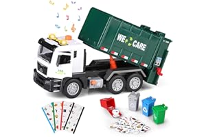kramow Garbage Truck Toys with Sound and Light, Friction-Powered Trash Truck with 4 Trash Bins & Trash Cards, Push and Go, Toy Cars Gifts for Boys Girls Kids 3+ year old, Green