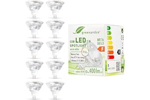greenandco 10x MR16 GU5.3 | sostituisce 30W | bianco caldo 3000K | IRC 90+ | 5W 400 lm | 38° | senza sfarfallio | COB LED spot | 12V AC/DC | non dimmerabile