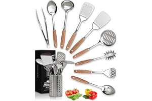 Home Hero Set di utensili da cucina in acciaio inossidabile Home Hero - Antiaderente e resistente - Utensili e gadget da cucina in metallo resistenti al calore (10 pezzi- Legno e Argento)