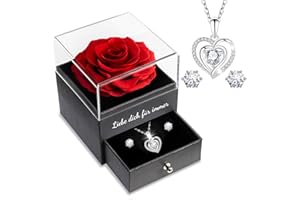 ‎SUNIA Sunia Ewige Echte Rose mit Herz Halskette und Ohrringe aus 925 Sterlingsilber, Ewige Rose Geschenke für Frauen Freundin Mama Oma, Infinity Rose Geburtstag Weihnachten Valentinstag,Ewige Rose mit Kette